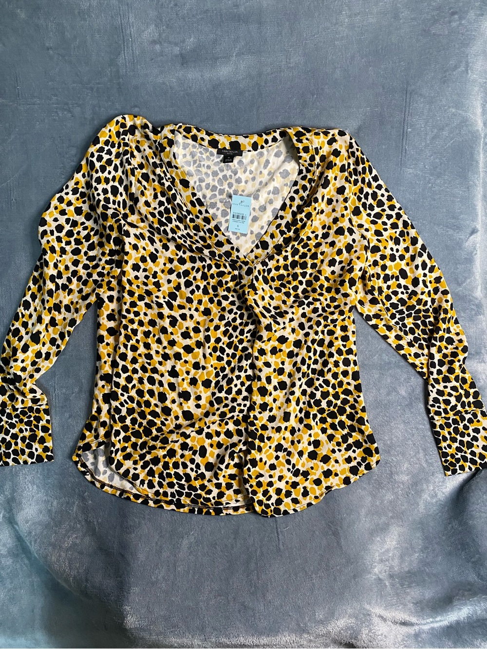 NWT Ann Taylor Petite Small Yellow and Black Cheetah Print Pleat Front Blouse